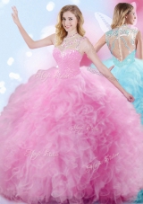 Floor Length Zipper Quinceanera Dresses Rose Pink and In for Military Ball and Sweet 16 and Quinceanera with Beading and Ruffles and Pick Ups