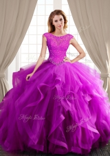 Glittering Fuchsia Tulle Lace Up Scoop Cap Sleeves With Train Sweet 16 Quinceanera Dress Brush Train Beading and Appliques and Ruffles