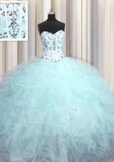 Modern Visible Boning Tulle Sleeveless Floor Length Vestidos de Quinceanera and Beading and Appliques and Ruffles