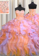 Multi-color Sleeveless Floor Length Beading and Appliques and Ruffles Lace Up Sweet 16 Quinceanera Dress