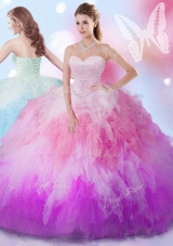 Sexy Sweetheart Sleeveless 15 Quinceanera Dress Floor Length Beading and Ruffles Multi-color Tulle