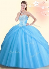 Shining Aqua Blue Sleeveless Beading Floor Length 15th Birthday Dress