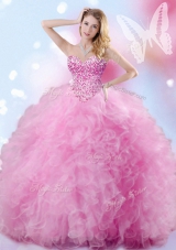 Sleeveless Floor Length Beading and Ruffles Lace Up 15 Quinceanera Dress with Rose Pink