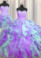 Three Piece Multi-color Organza Lace Up Ball Gown Prom Dress Sleeveless Floor Length Beading and Appliques