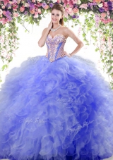 Blue Tulle Lace Up Ball Gown Prom Dress Sleeveless Floor Length Beading and Ruffles