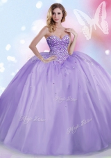 Customized Lavender Ball Gowns Beading Vestidos de Quinceanera Lace Up Tulle Sleeveless Floor Length