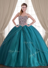 Dazzling Teal Lace Up Sweetheart Beading Quinceanera Gown Tulle Sleeveless Brush Train
