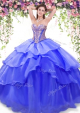 Discount Floor Length Blue Sweet 16 Dress Organza Sleeveless Beading and Ruffled Layers