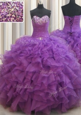 Eggplant Purple Lace Up Sweetheart Beading and Ruffles Sweet 16 Dress Organza Sleeveless