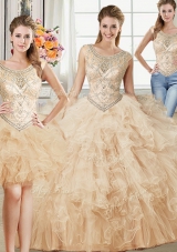 Flare Three Piece Floor Length Champagne 15th Birthday Dress Scoop Sleeveless Lace Up