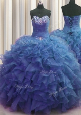 Free and Easy Beaded Bust Blue Sweetheart Lace Up Beading and Ruffles Quinceanera Gowns Sleeveless