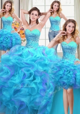 Pretty Four Piece Multi-color Lace Up Sweetheart Beading and Ruffles Quinceanera Dresses Organza Sleeveless