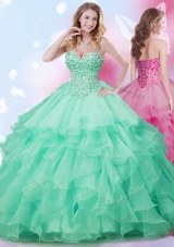 Pretty Sleeveless Floor Length Beading and Ruffles Lace Up Quinceanera Gowns with Apple Green