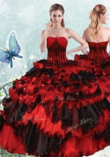 Red And Black Ball Gowns Appliques and Ruffled Layers Vestidos de Quinceanera Lace Up Organza Sleeveless Floor Length