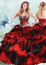 Red And Black Quinceanera Dress Military Ball and Sweet 16 and Quinceanera and For with Beading and Ruffled Layers and Sequins Sweetheart Sleeveless Lace Up
