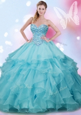 Shining Organza Sweetheart Sleeveless Lace Up Beading and Ruffles 15 Quinceanera Dress in Aqua Blue