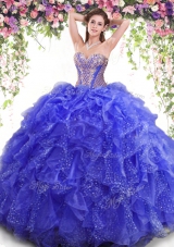 Superior Blue Sleeveless Floor Length Beading and Ruffles Lace Up Sweet 16 Dresses