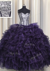Cute Visible Boning Purple Ball Gowns Sweetheart Sleeveless Organza and Sequined Floor Length Lace Up Ruffles and Sequins Ball Gown Prom Dress