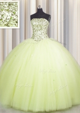 Flare Sequins Big Puffy Floor Length Light Yellow 15th Birthday Dress Strapless Sleeveless Lace Up