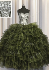 Modern Sequins Visible Boning Floor Length Ball Gowns Sleeveless Olive Green Ball Gown Prom Dress Lace Up