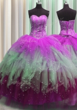 Visible Boning Multi-color Sleeveless Beading and Ruffles and Sequins Floor Length Quinceanera Gown