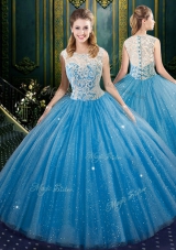 Adorable Tulle High-neck Sleeveless Zipper Lace Quinceanera Gowns in Blue