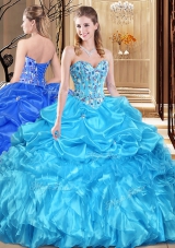 Aqua Blue Lace Up Sweetheart Lace and Appliques Quinceanera Dresses Organza Sleeveless