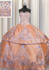 Captivating Sleeveless Taffeta Floor Length Lace Up Quinceanera Gown in Orange for with Beading and Embroidery