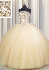Colorful Really Puffy Gold Tulle Lace Up Strapless Sleeveless Floor Length Sweet 16 Quinceanera Dress Beading and Sequins