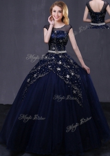 Glorious Scoop Navy Blue Cap Sleeves Tulle Lace Up Quinceanera Dresses for Military Ball and Sweet 16 and Quinceanera