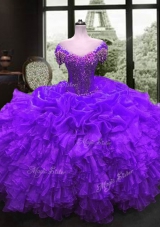 Organza Cap Sleeves Floor Length 15 Quinceanera Dress and Beading and Ruffles
