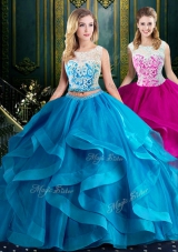 Scoop Baby Blue Tulle Zipper 15 Quinceanera Dress Sleeveless With Brush Train Lace and Ruffles