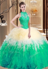 Sleeveless Organza Floor Length Backless Sweet 16 Dresses in Multi-color for with Lace and Appliques and Ruffles
