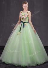 Custom Made Scoop Yellow Green Organza Lace Up Sweet 16 Dresses Sleeveless Floor Length Appliques