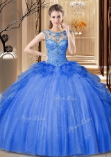 Customized Blue Ball Gowns Tulle and Sequined Scoop Sleeveless Ruffles Floor Length Lace Up Quinceanera Gowns