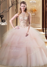 Decent Ruffled Scoop Sleeveless Brush Train Lace Up Quinceanera Dresses Peach Tulle