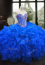 Fitting Royal Blue Ball Gowns Sweetheart Sleeveless Organza Floor Length Lace Up Embroidery and Ruffles 15 Quinceanera Dress