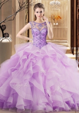 Traditional Scoop Sleeveless Brush Train Beading and Ruffles Lace Up Quinceanera Gowns