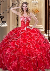 Coral Red Quinceanera Gown Military Ball and Sweet 16 and Quinceanera and For with Embroidery and Ruffles Sweetheart Sleeveless Lace Up