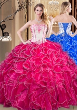 Organza Strapless Sleeveless Lace Up Embroidery and Ruffles Quince Ball Gowns in Coral Red