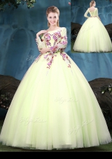 Scoop Floor Length Ball Gowns Long Sleeves Yellow Green Quinceanera Dresses Lace Up