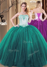 Strapless Sleeveless Quinceanera Gowns Floor Length Embroidery Green Tulle and Sequined