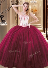 Wine Red Sleeveless Floor Length Embroidery Lace Up Quinceanera Dress