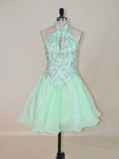 Sumptuous Apple Green A-line Organza Halter Top Sleeveless Beading Mini Length Lace Up Cocktail Dress