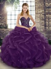 Floor Length Dark Purple Quinceanera Gown Tulle Sleeveless Beading and Ruffles