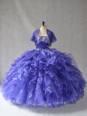 Blue Organza Lace Up Strapless Sleeveless Floor Length Quinceanera Gown Beading and Ruffles
