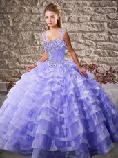 Straps Sleeveless 15th Birthday Dress Court Train Beading and Ruffled Layers Lavender Organza