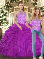 Sweet Halter Top Sleeveless Quinceanera Dress Floor Length Beading and Ruffles Purple Tulle