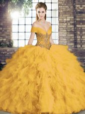 Fabulous Gold Sweet 16 Quinceanera Dress Military Ball and Sweet 16 and Quinceanera with Beading and Ruffles Off The Shoulder Sleeveless Lace Up