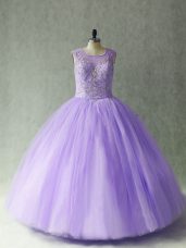 Custom Fit Sleeveless Tulle Floor Length Lace Up Sweet 16 Quinceanera Dress in Lavender with Beading